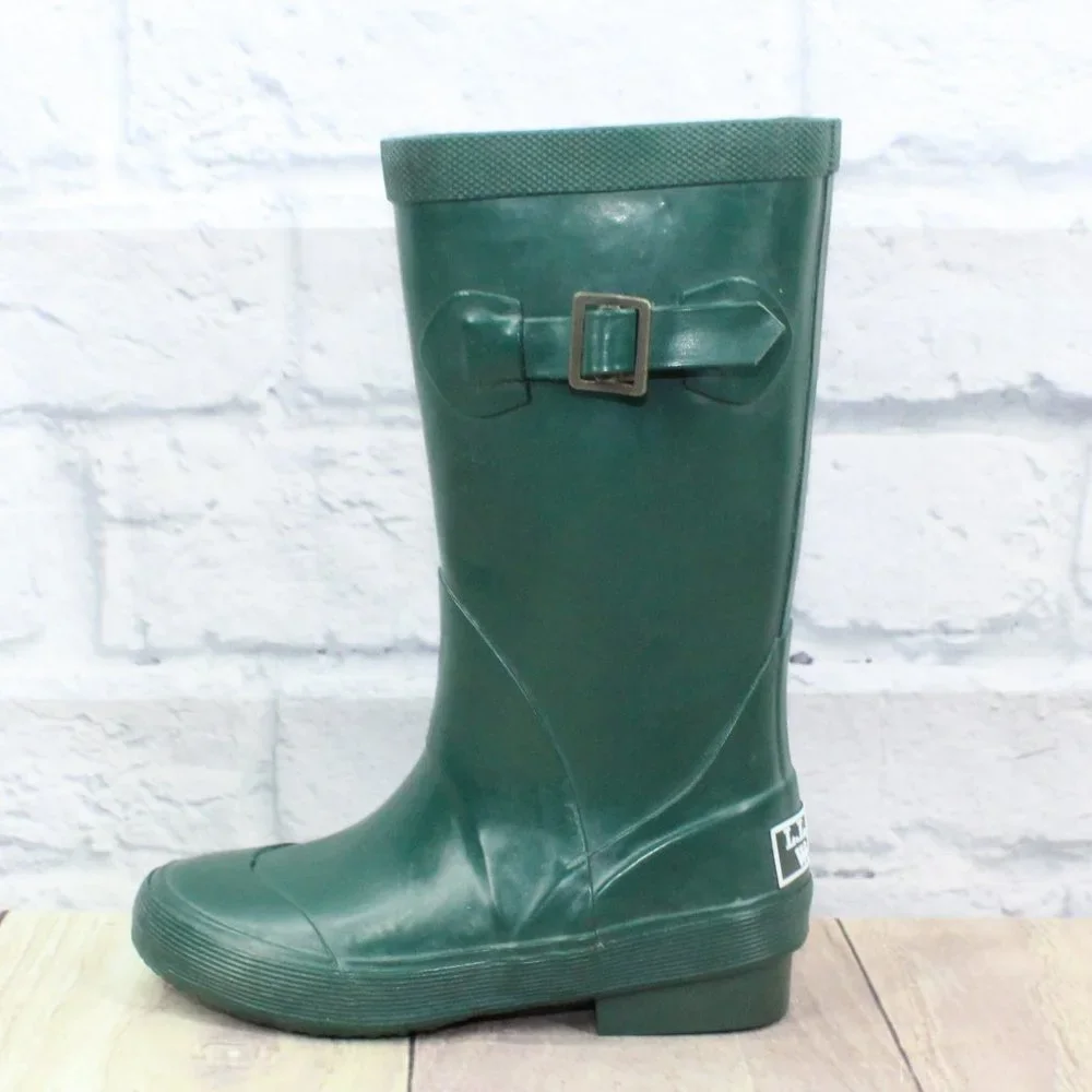 LL BEAN Wellie Green Rubber Nylon Pull On Tall Rain Boots Size 11 - Picture 1 of 9